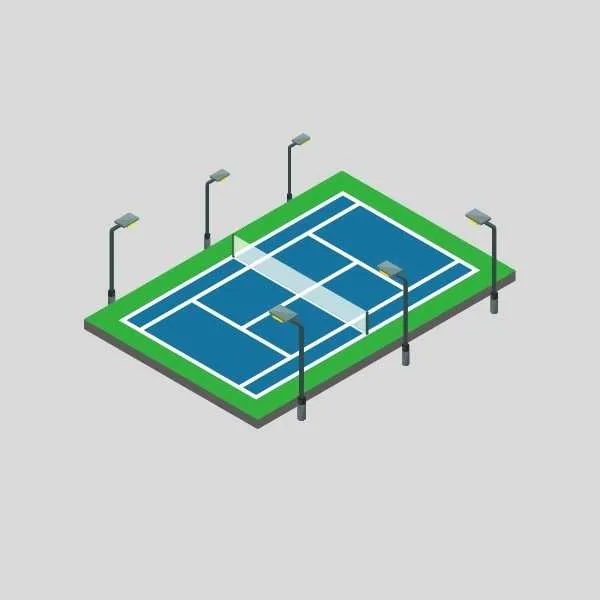 single tennis court led lighting layout with 6 poles