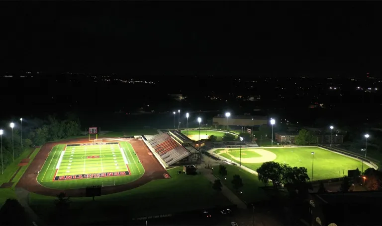 aerial view of field with sports lighting from duvon lighting