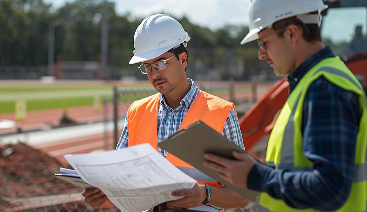 Civil engineers reviewing site plans and blueprints at a sports facility construction site