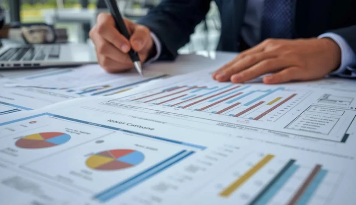 Professional reviewing sports facility construction cost documents and project schedules